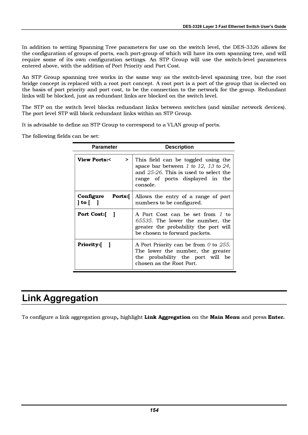 D-Link DES-3326 manual View Ports, Configure Ports, Port Cost, Priority, 154 