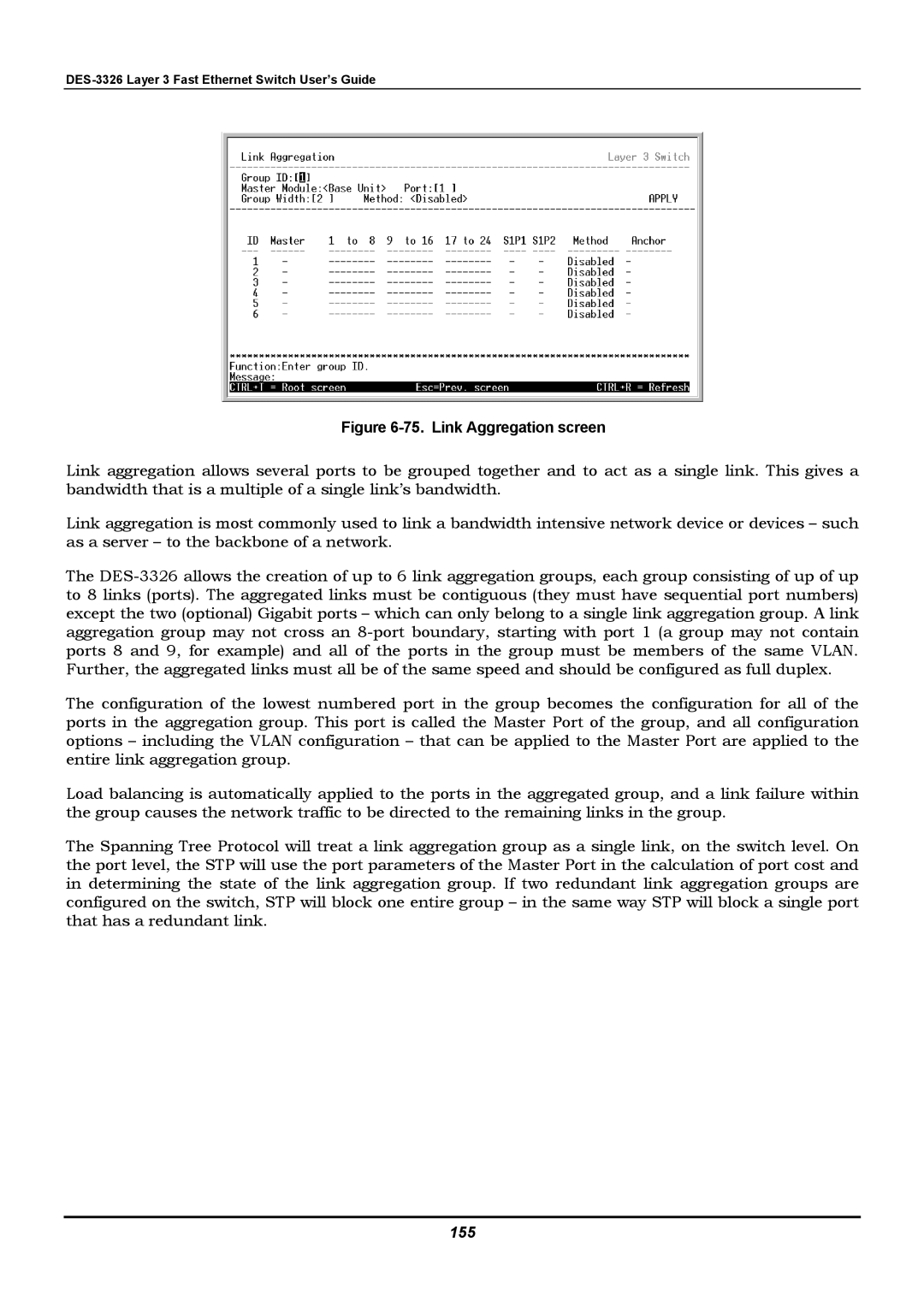 D-Link DES-3326 manual Link Aggregation screen, 155 