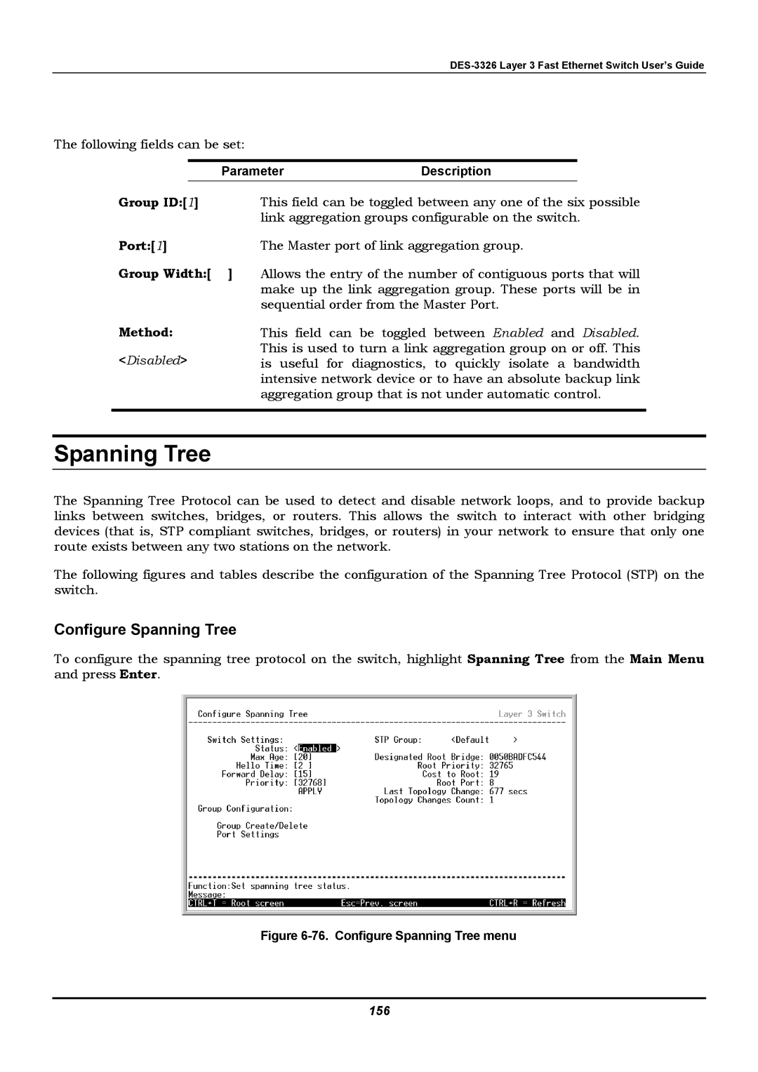 D-Link DES-3326 manual Configure Spanning Tree, Group ID, Group Width, Method Disabled, 156 