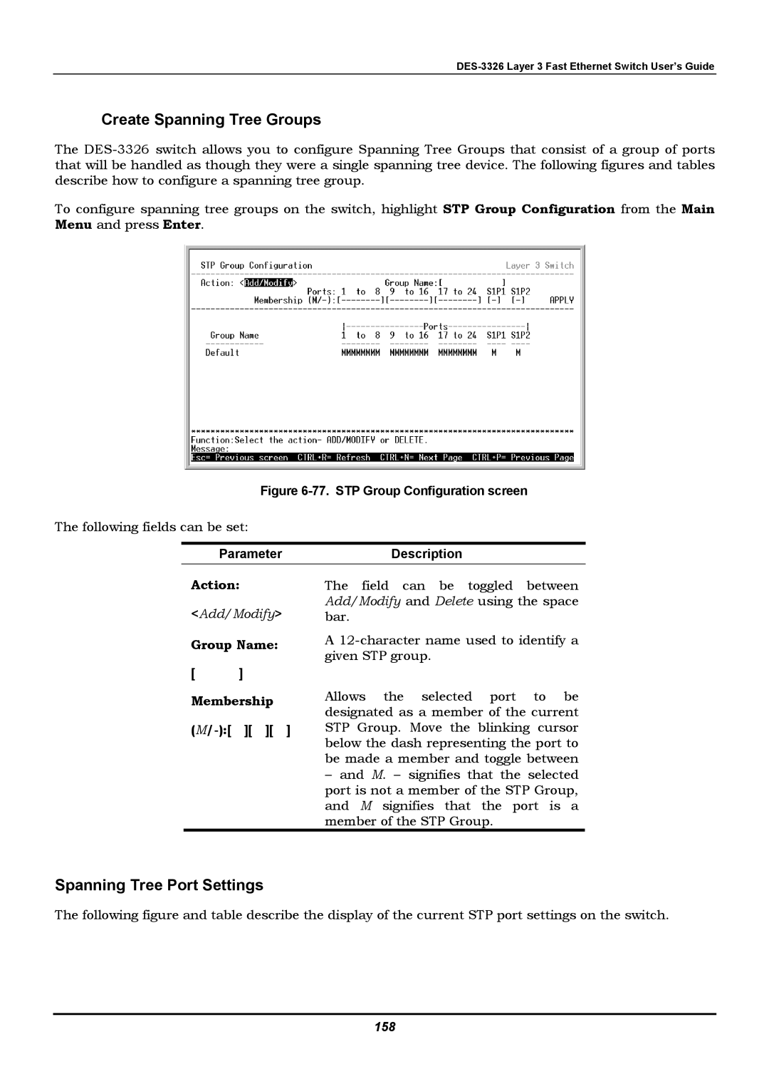 D-Link DES-3326 manual Create Spanning Tree Groups, Spanning Tree Port Settings, Group Name, 158 