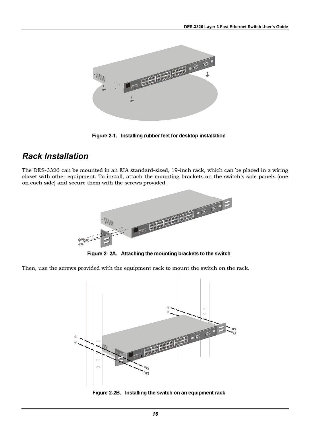 D-Link DES-3326 manual Rack Installation, Installing rubber feet for desktop installation 