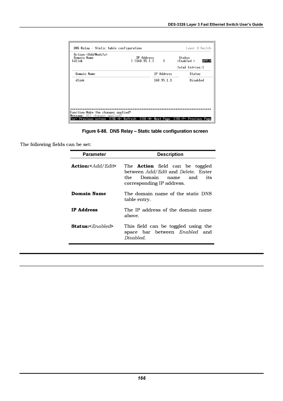 D-Link DES-3326 manual ActionAdd/Edit, Domain Name, StatusEnabled, 166 