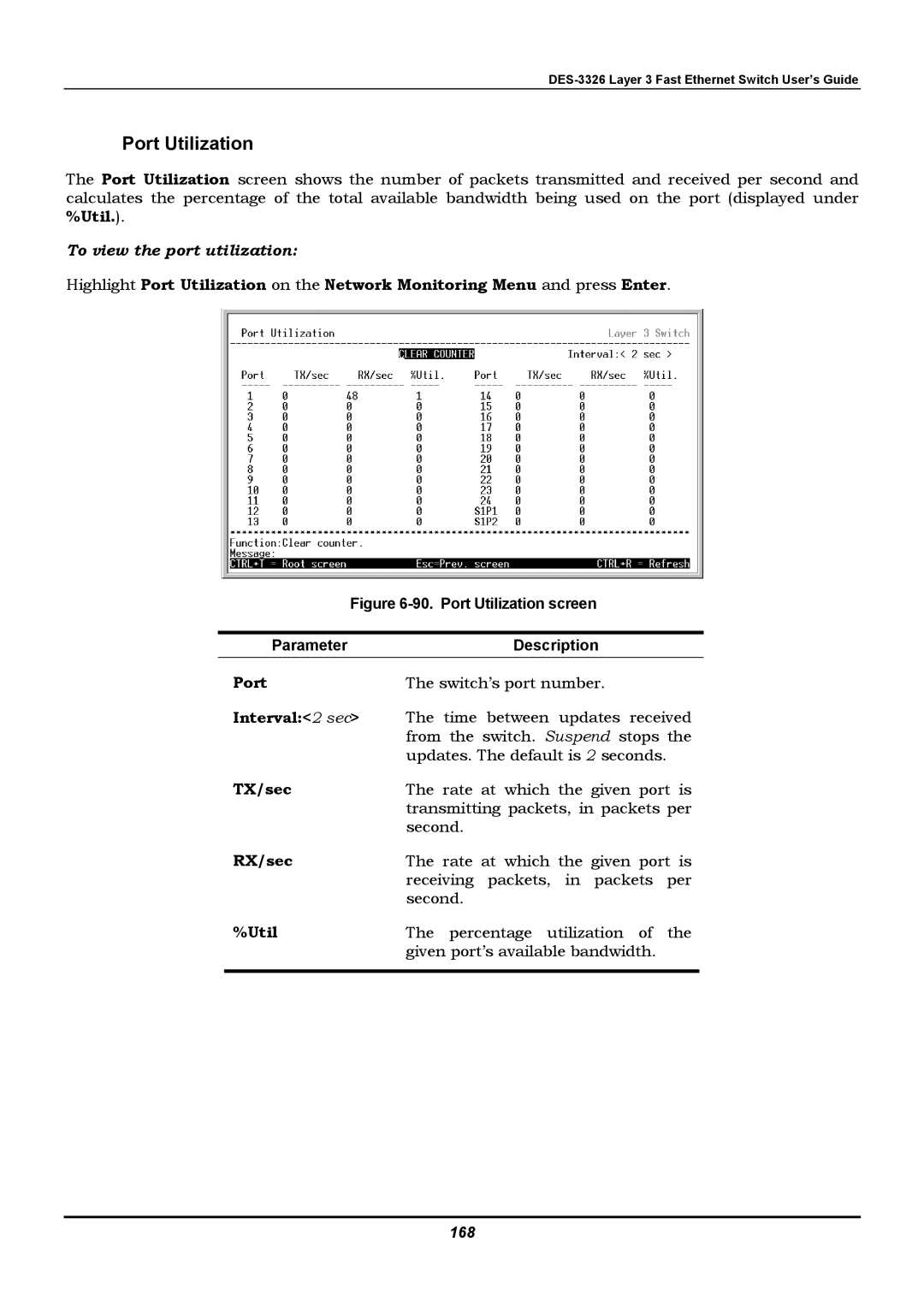 D-Link DES-3326 manual Port Utilization, To view the port utilization 