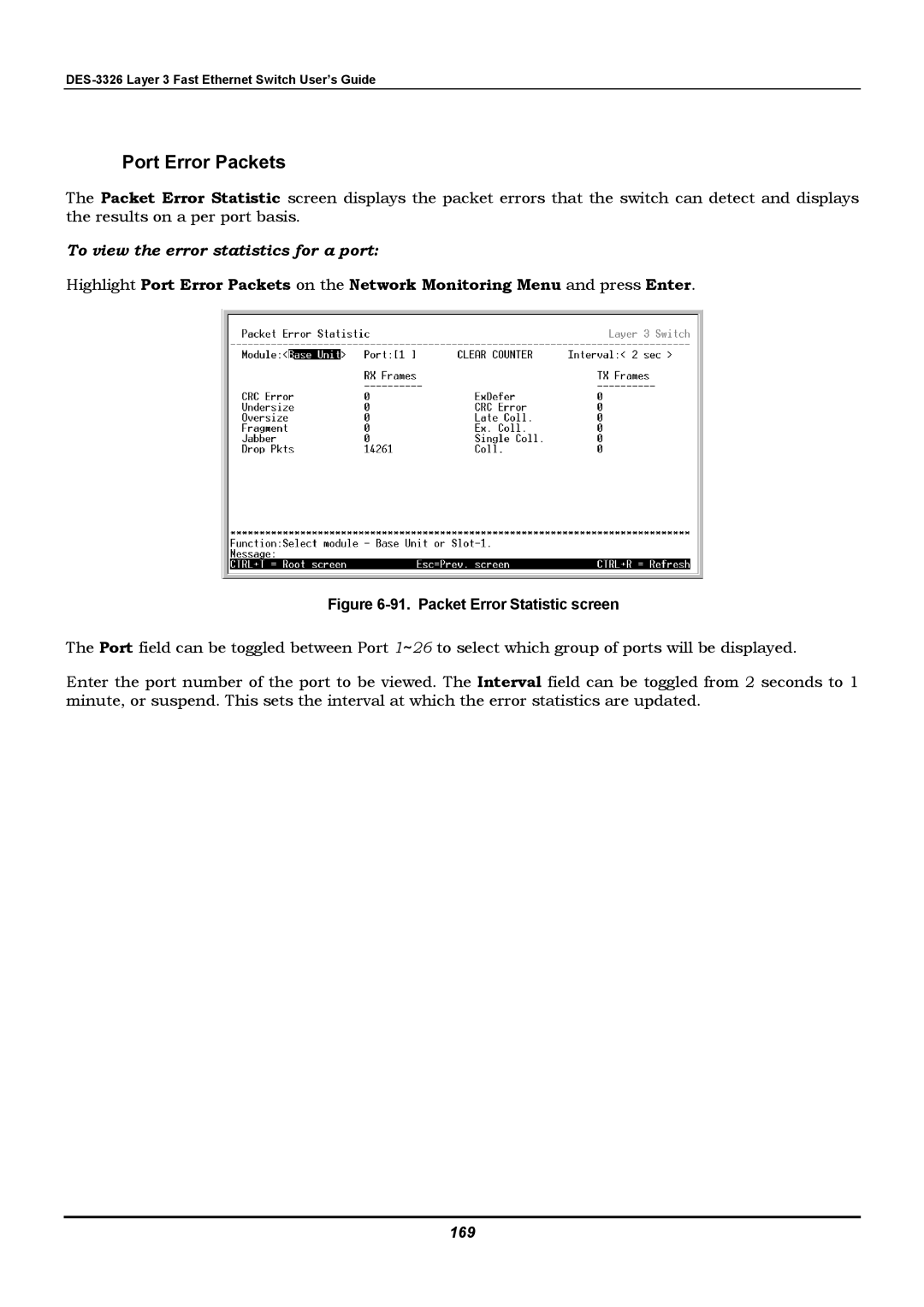 D-Link DES-3326 manual Port Error Packets, To view the error statistics for a port, 169 