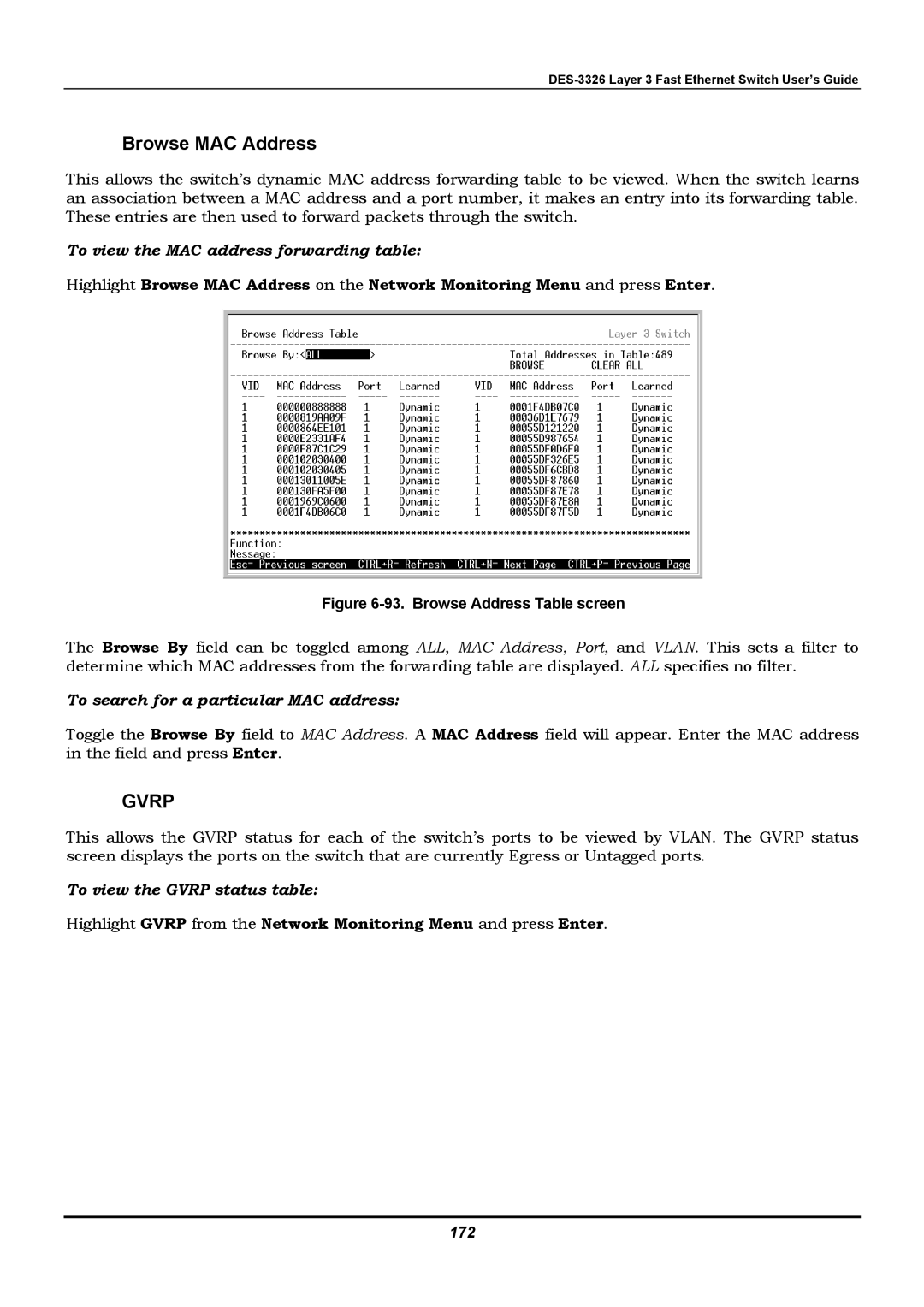 D-Link DES-3326 Browse MAC Address, To view the MAC address forwarding table, To search for a particular MAC address, 172 