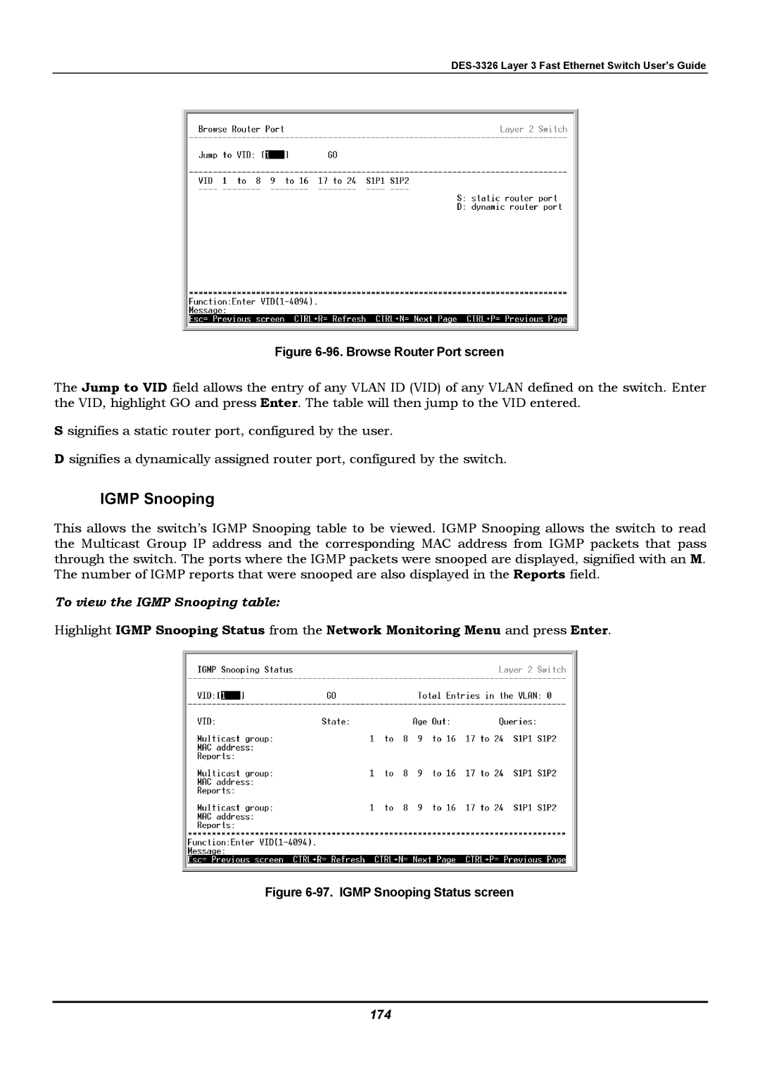 D-Link DES-3326 manual To view the Igmp Snooping table, 174 