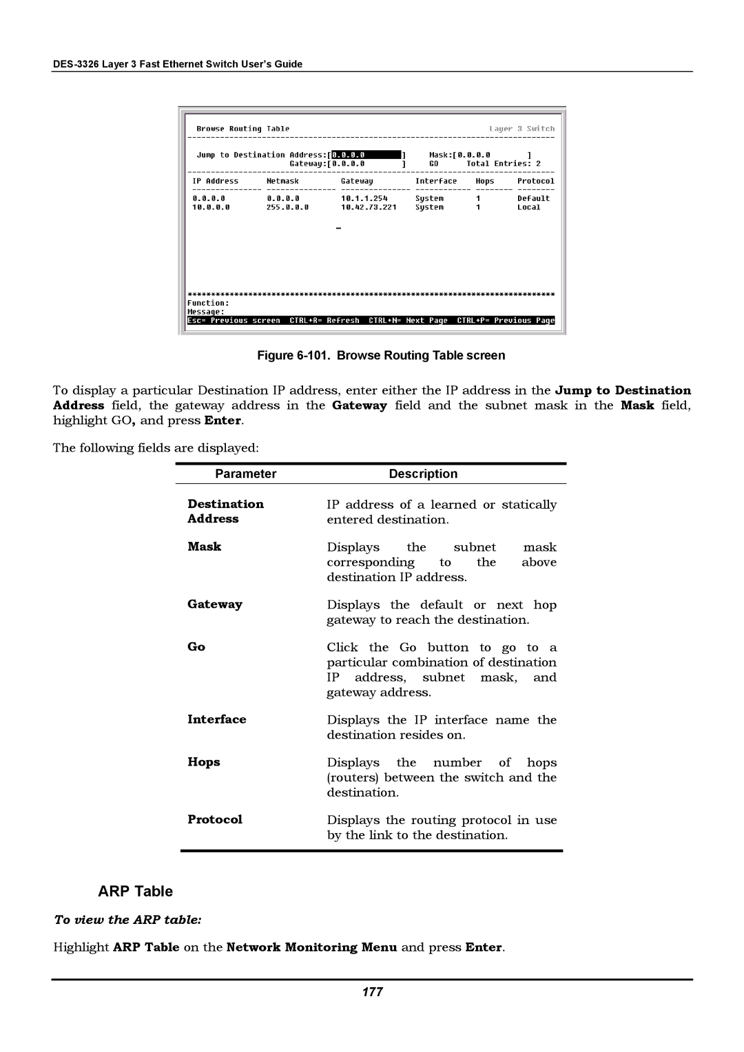 D-Link DES-3326 manual ARP Table, Mask, Gateway, Hops, To view the ARP table 