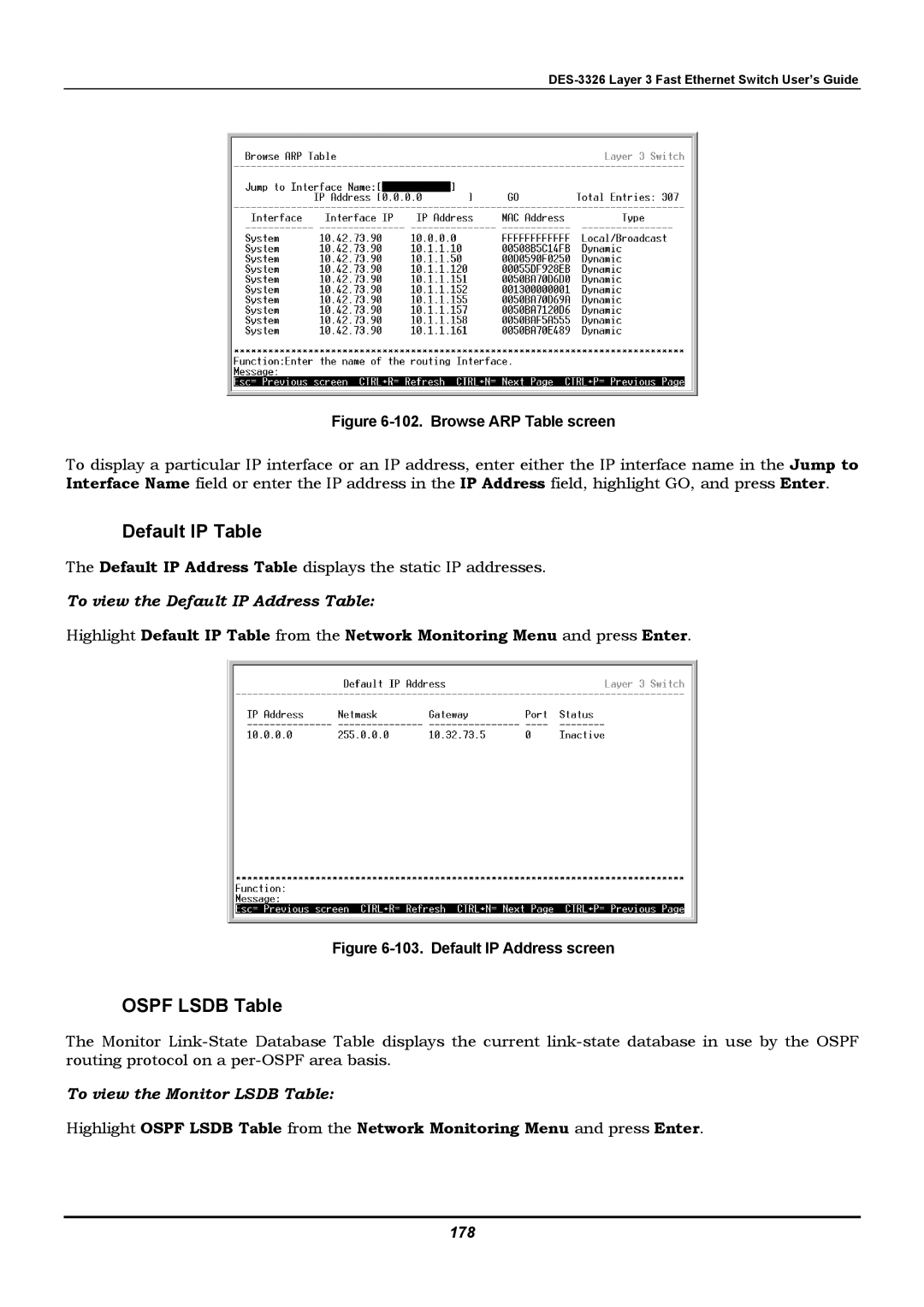 D-Link DES-3326 Default IP Table, Ospf Lsdb Table, To view the Default IP Address Table, To view the Monitor Lsdb Table 