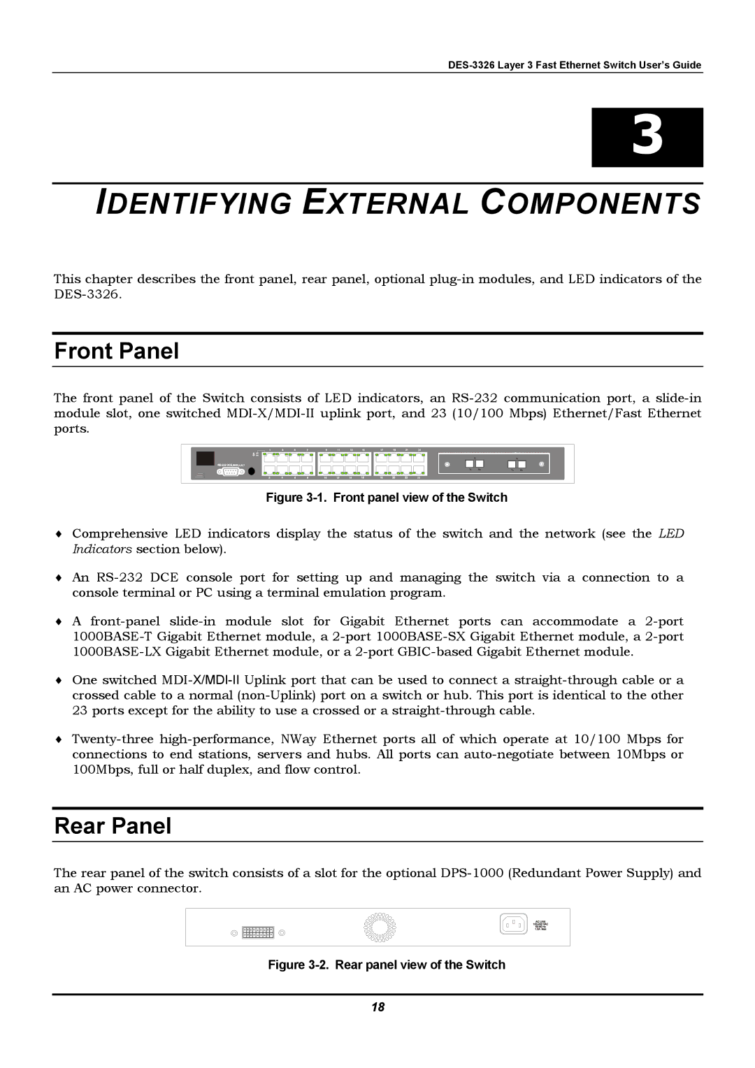 D-Link DES-3326 manual Front Panel, Rear Panel 