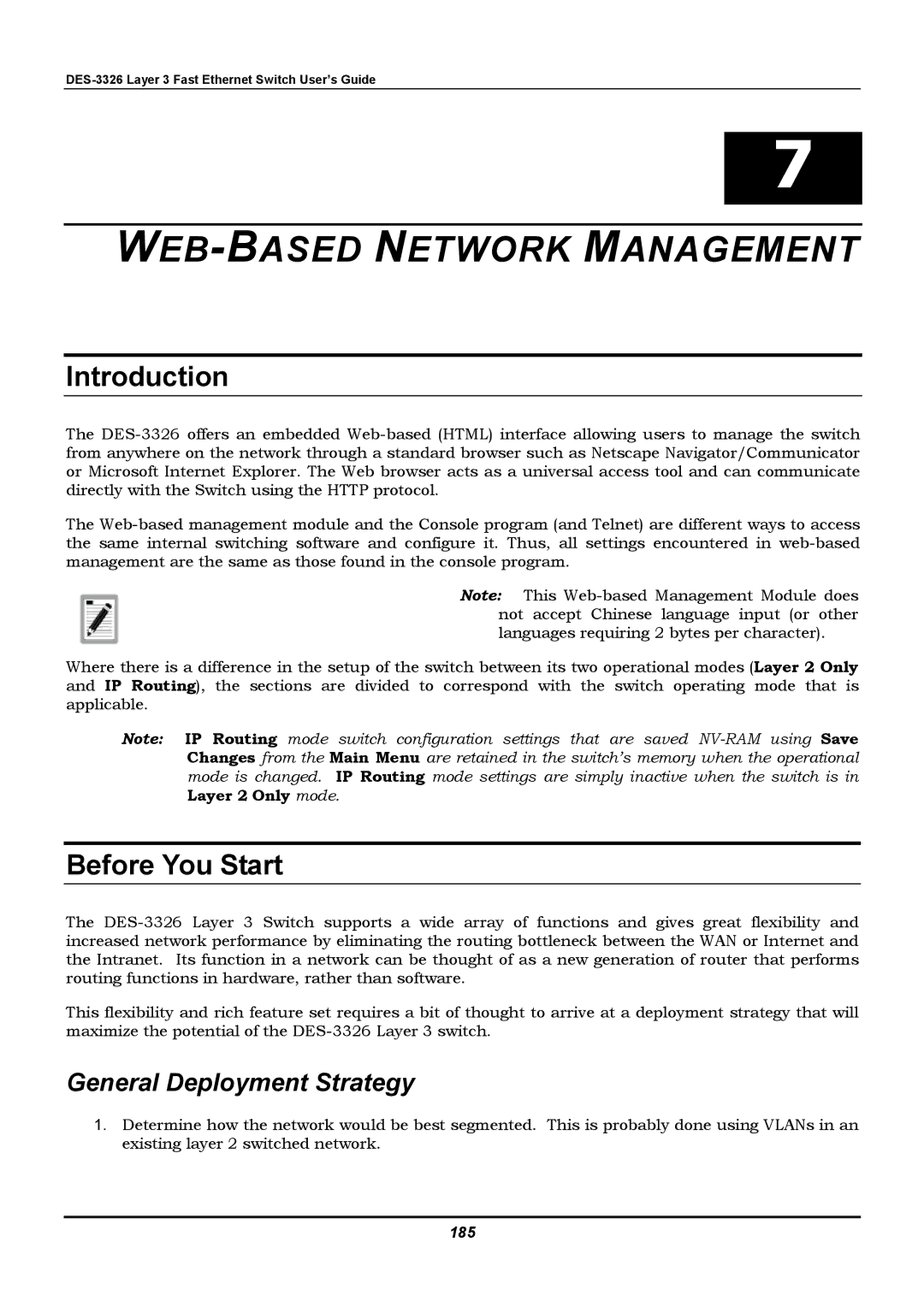 D-Link DES-3326 manual Introduction, Before You Start, General Deployment Strategy, 185 