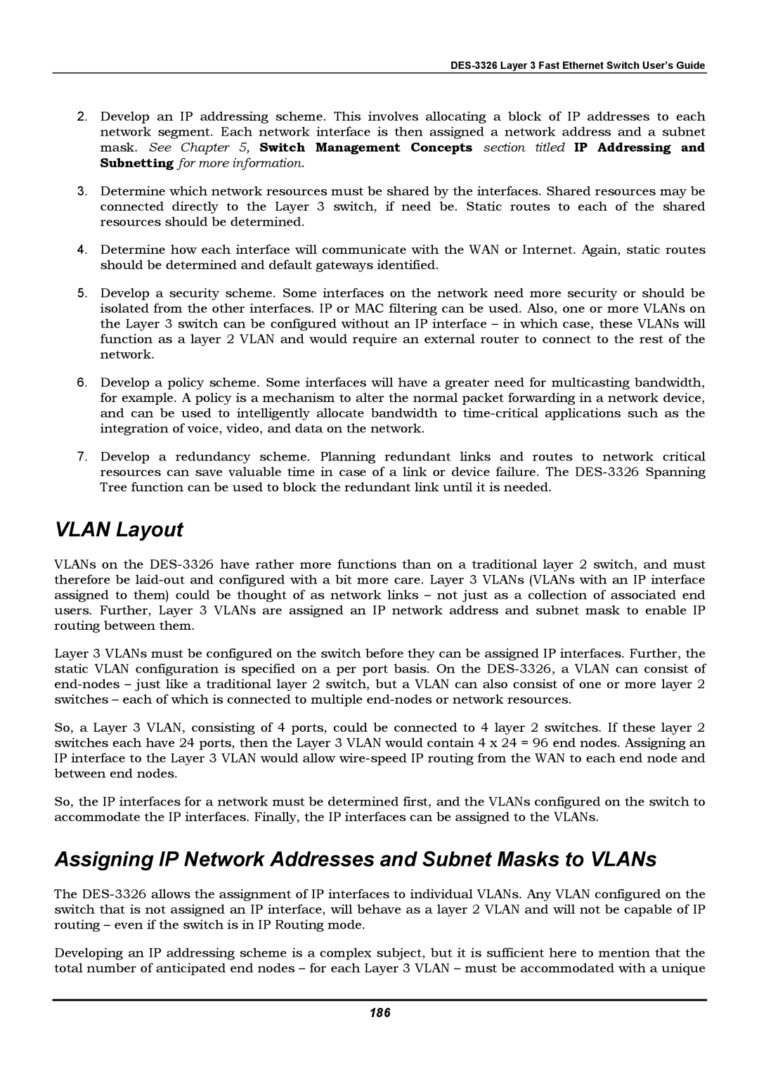 D-Link DES-3326 manual Vlan Layout, Assigning IP Network Addresses and Subnet Masks to VLANs, 186 