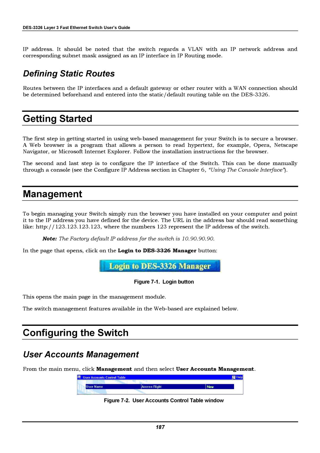 D-Link DES-3326 manual Getting Started, Configuring the Switch, Defining Static Routes, User Accounts Management 