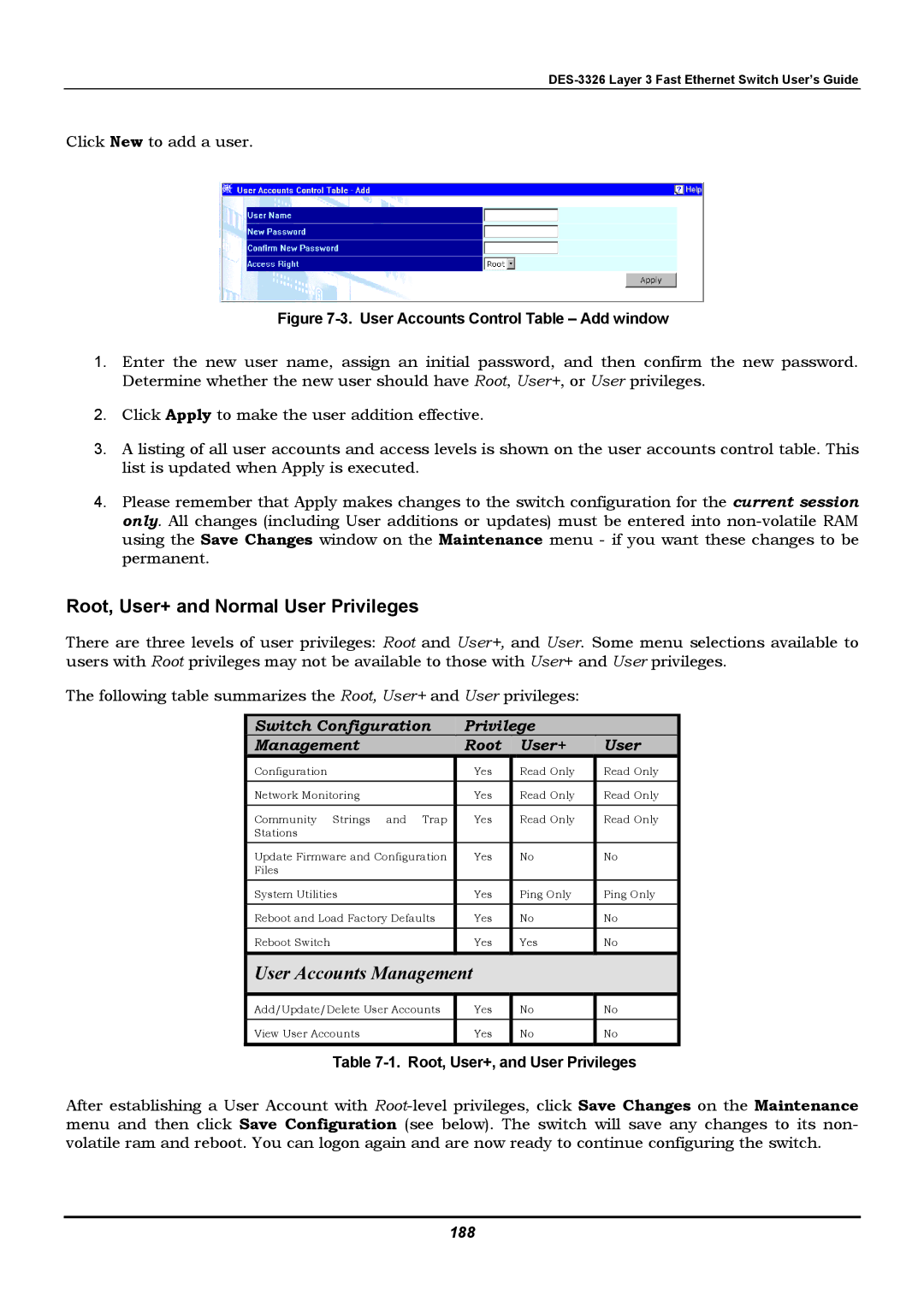 D-Link DES-3326 manual Switch Configuration Privilege Management Root User+, 188 