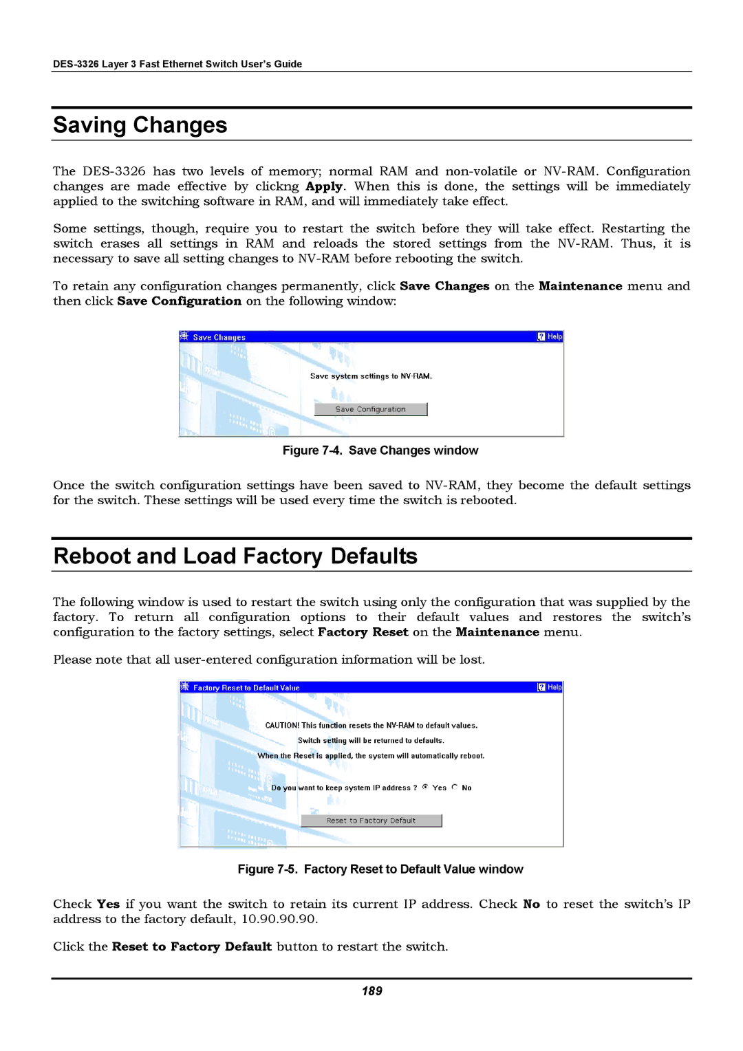 D-Link DES-3326 manual Saving Changes, Reboot and Load Factory Defaults, 189 