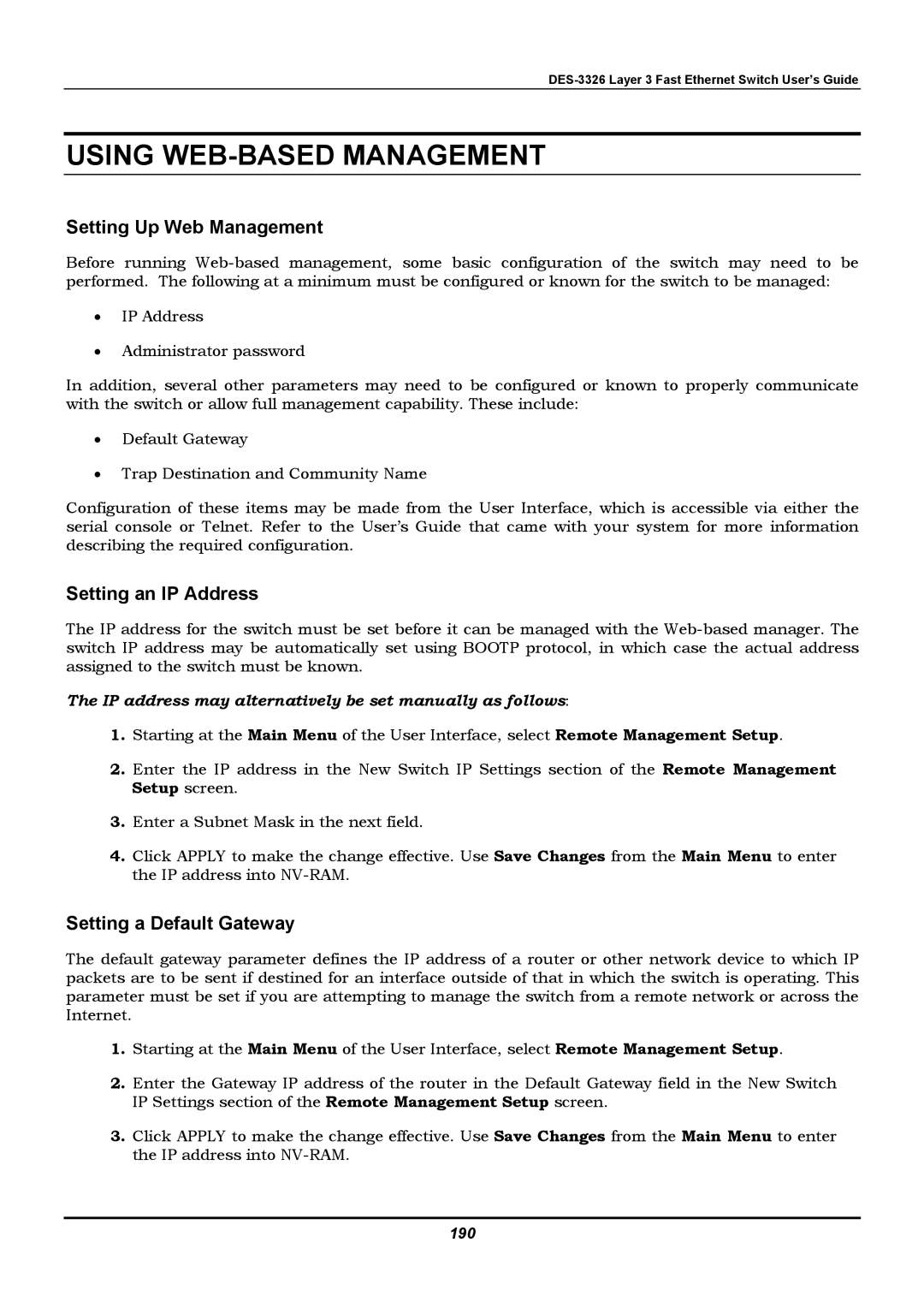 D-Link DES-3326 manual Setting Up Web Management, Setting an IP Address, Setting a Default Gateway, 190 