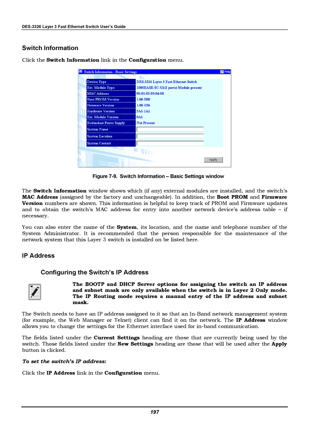 D-Link DES-3326 manual IP Address Configuring the Switch’s IP Address, 197 