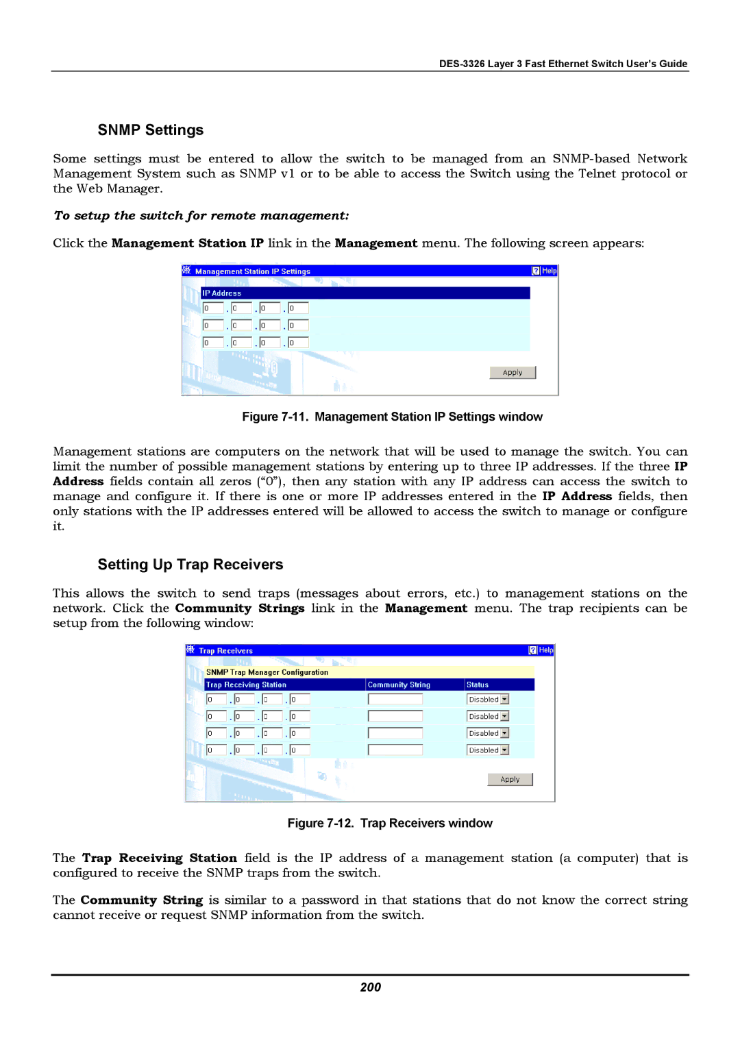 D-Link DES-3326 manual Management Station IP Settings window, 200 