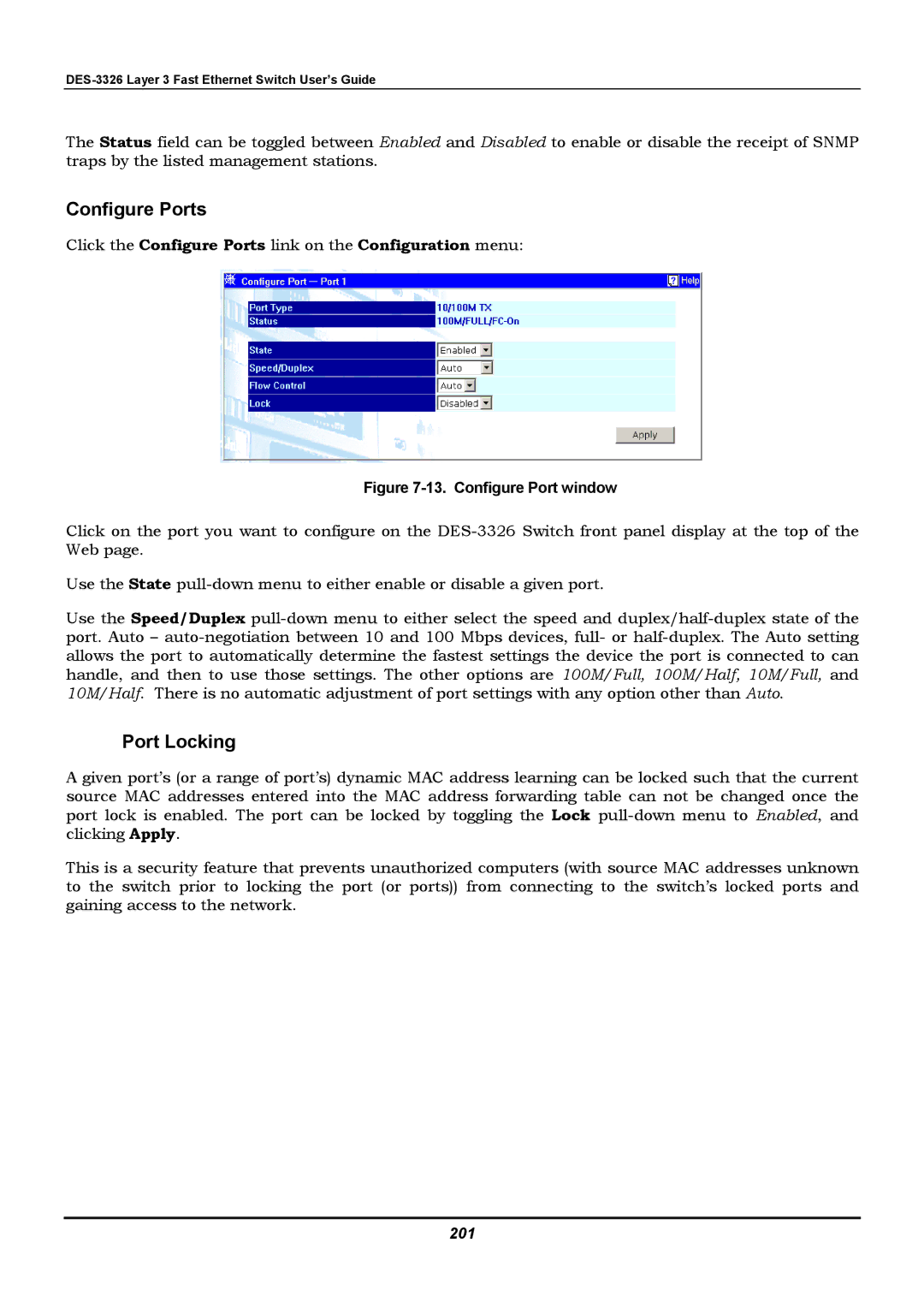 D-Link DES-3326 manual Click the Configure Ports link on the Configuration menu, 201 