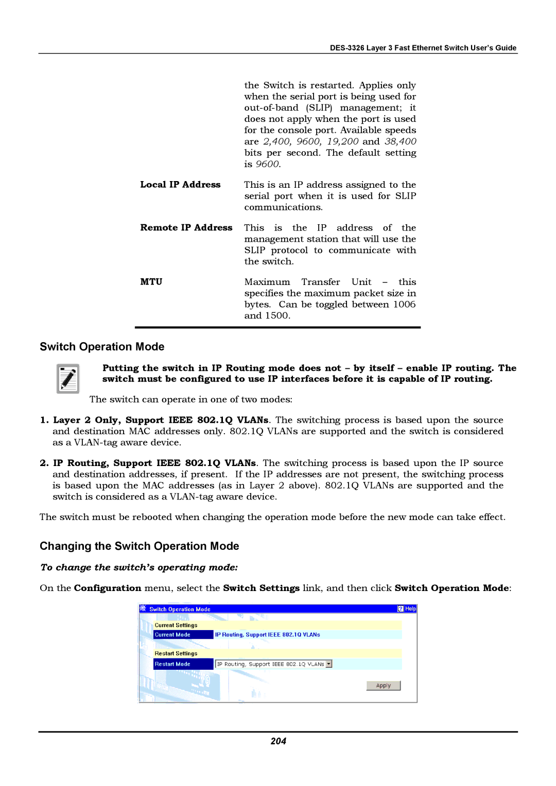 D-Link DES-3326 manual Local IP Address, Remote IP Address, 204 