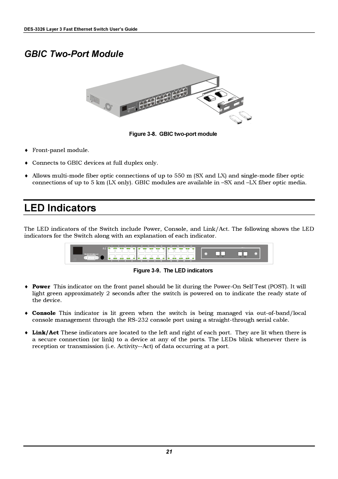 D-Link DES-3326 manual LED Indicators, Gbic Two-Port Module 