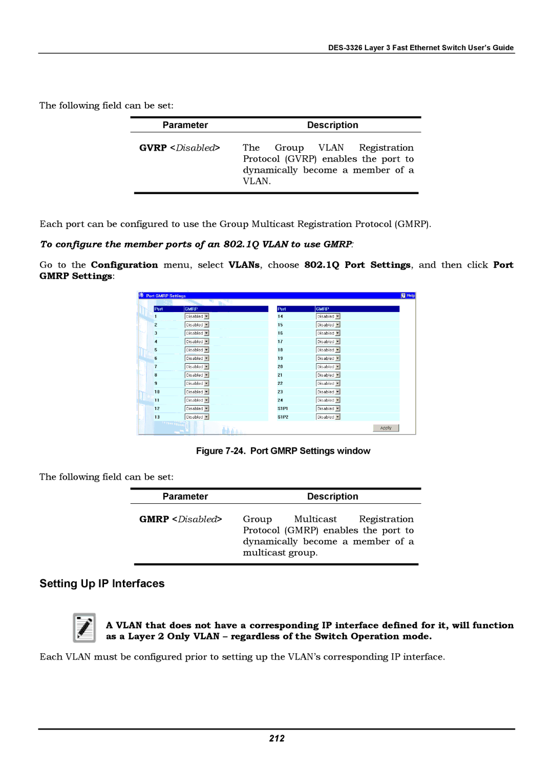 D-Link DES-3326 manual To configure the member ports of an 802.1Q Vlan to use Gmrp, 212 