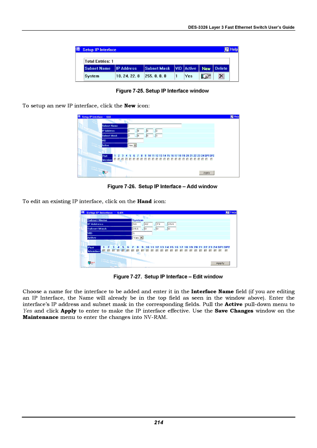 D-Link DES-3326 manual Setup IP Interface window, 214 