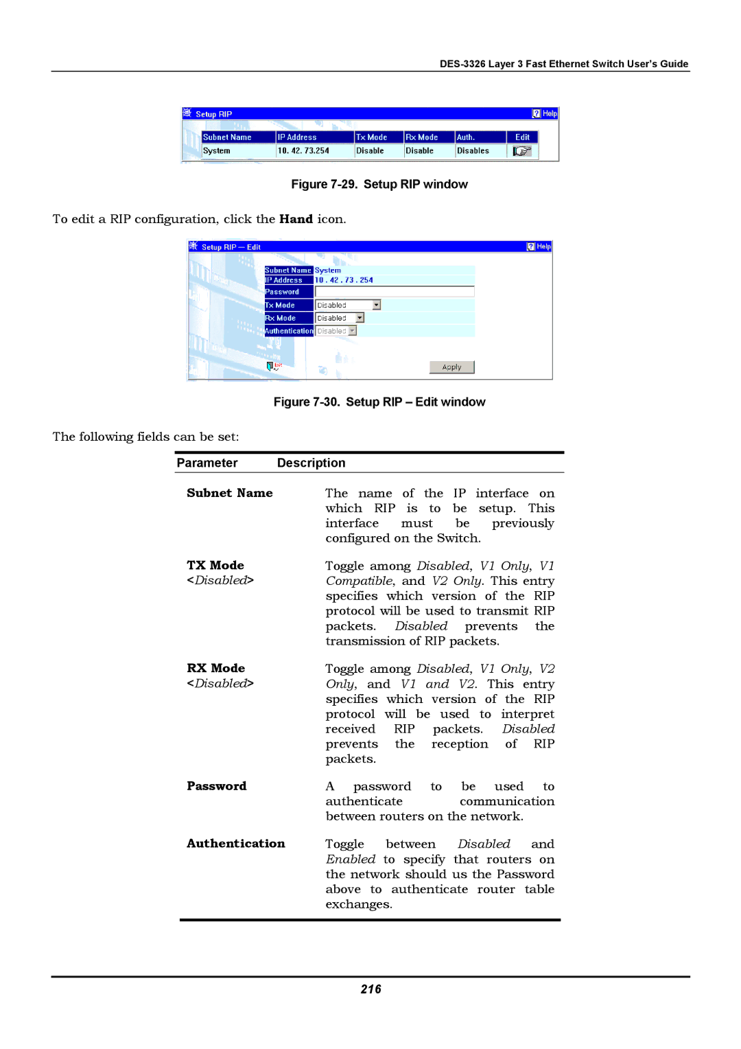 D-Link DES-3326 manual Setup RIP window, 216 