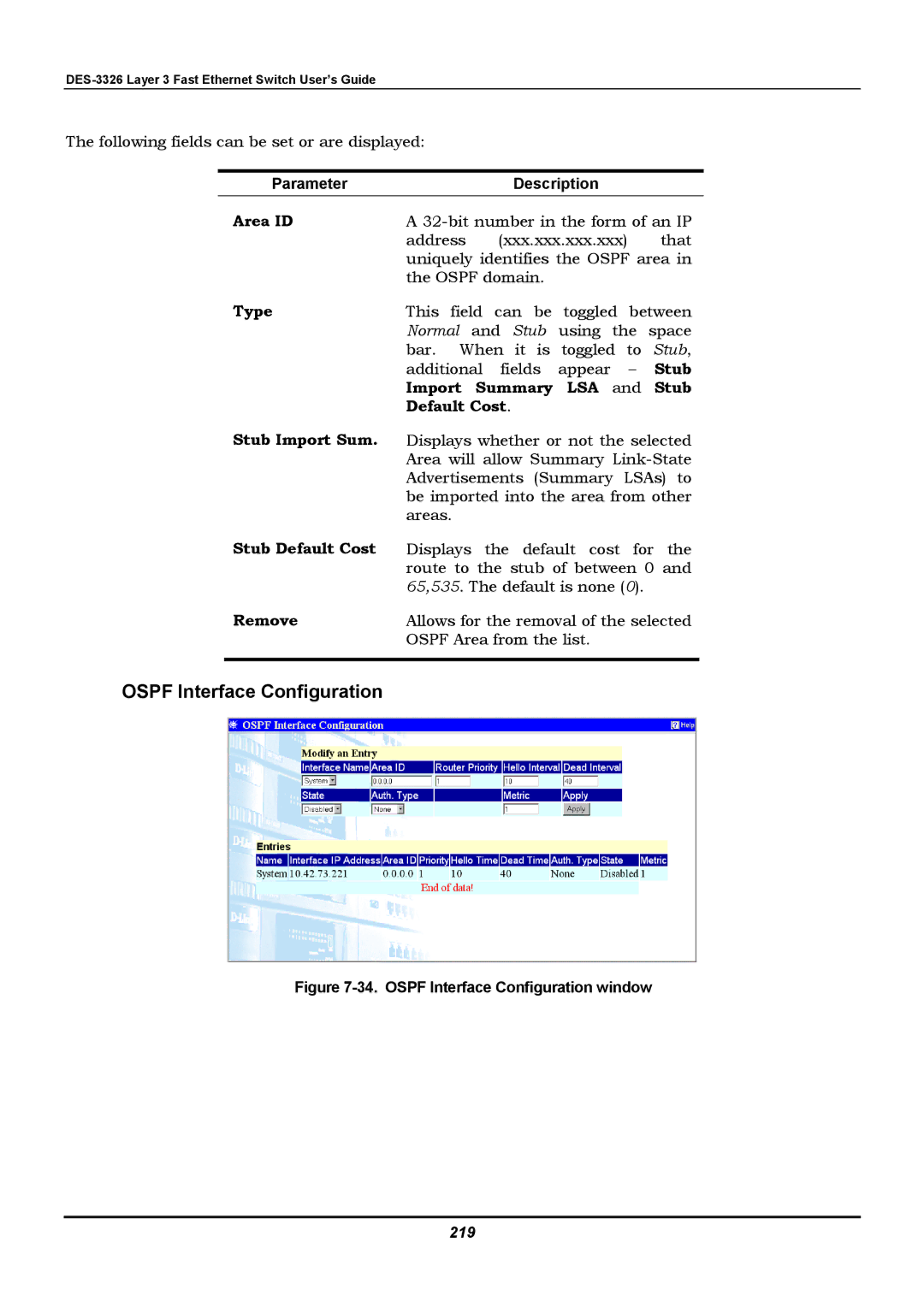 D-Link DES-3326 manual Type, Stub Default Cost, Remove, 219 