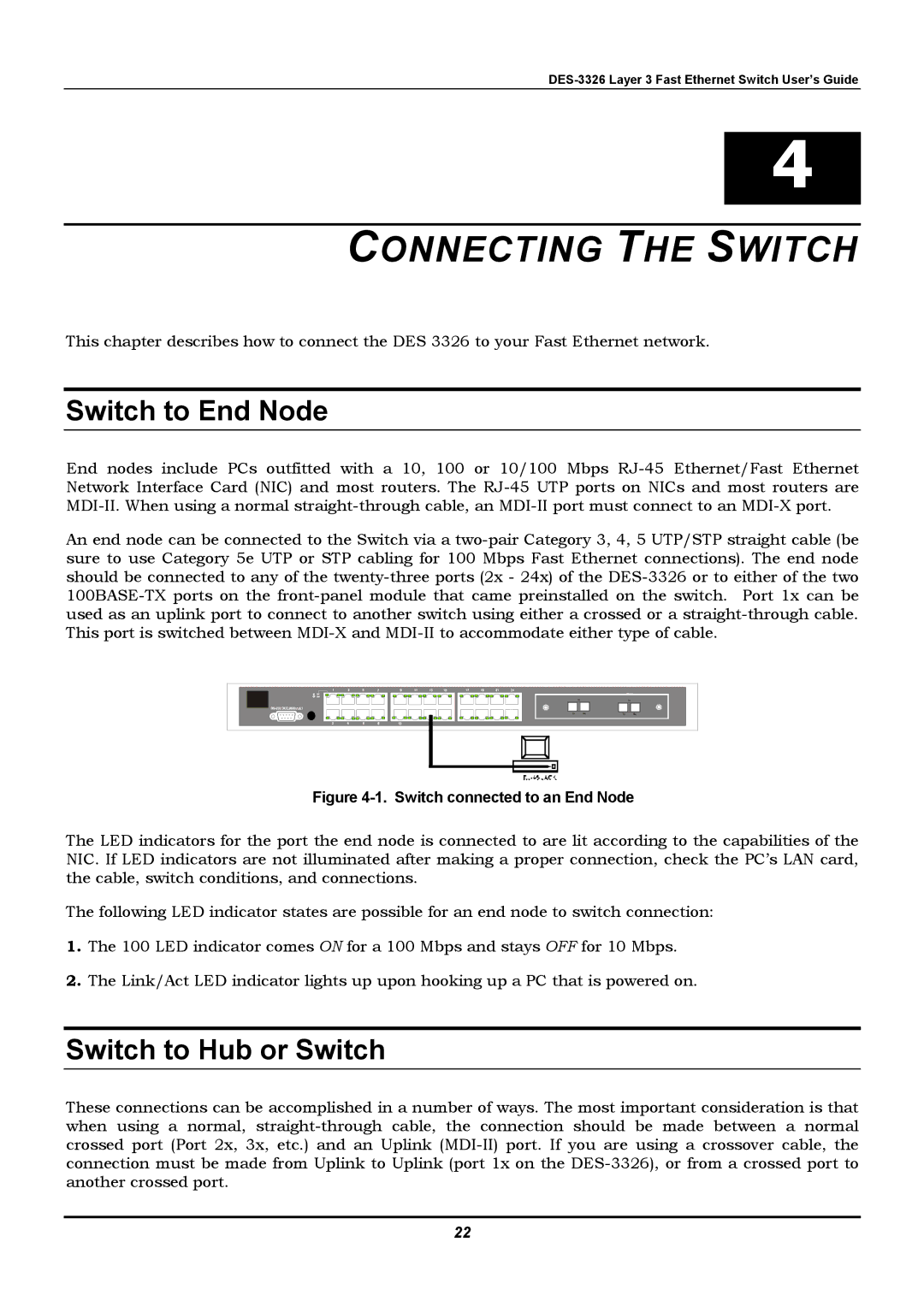 D-Link DES-3326 manual Switch to End Node, Switch to Hub or Switch 