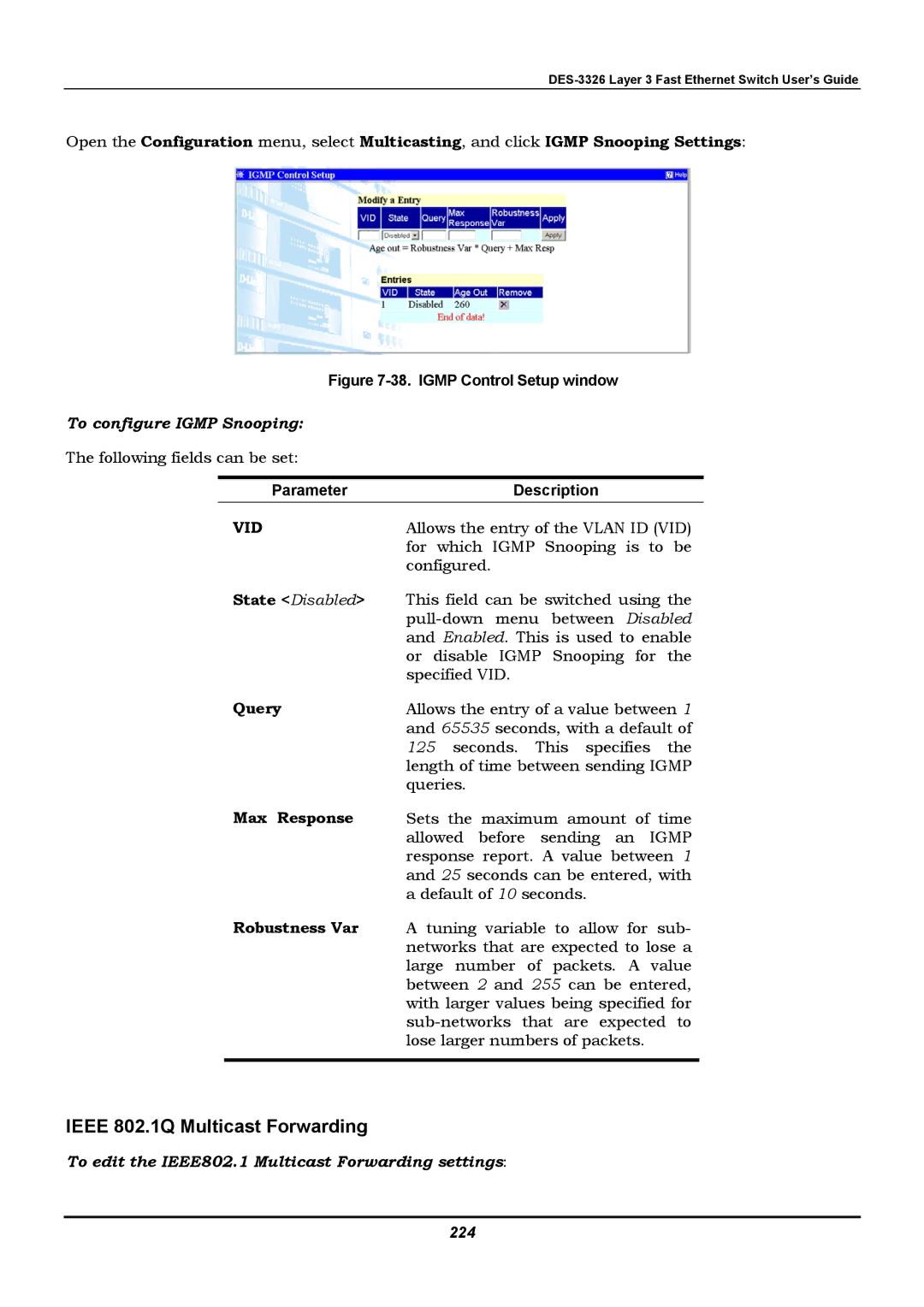 D-Link DES-3326 manual To edit the IEEE802.1 Multicast Forwarding settings, 224 