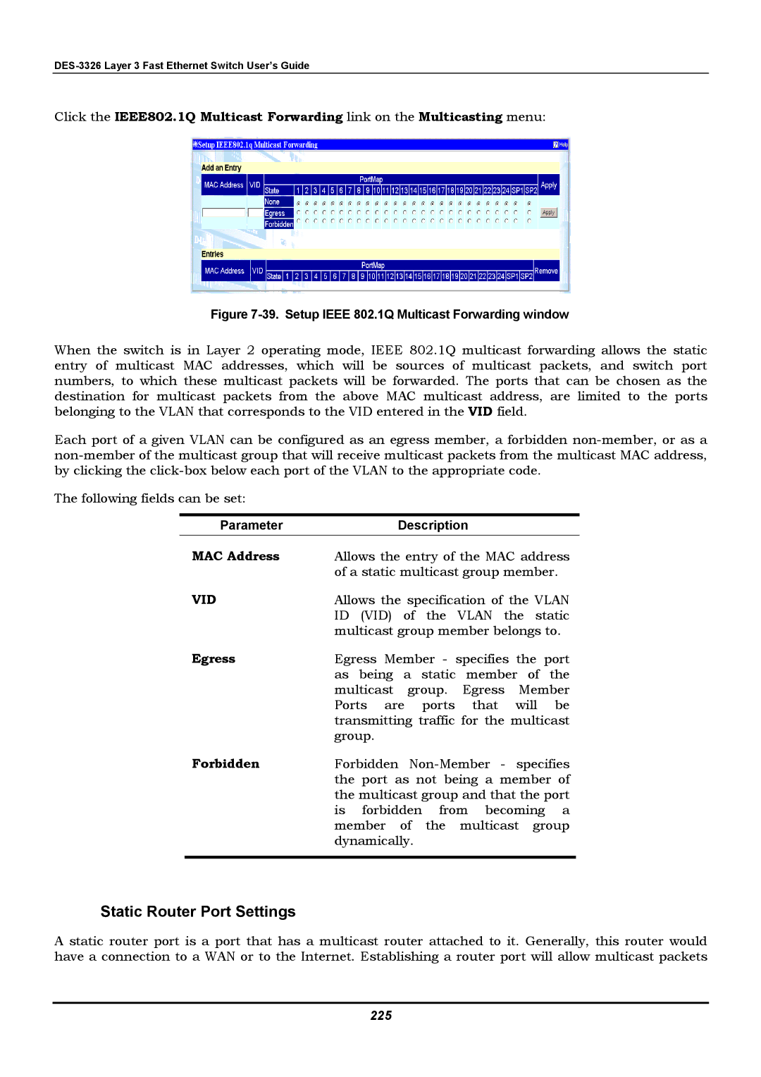 D-Link DES-3326 manual Setup Ieee 802.1Q Multicast Forwarding window, 225 