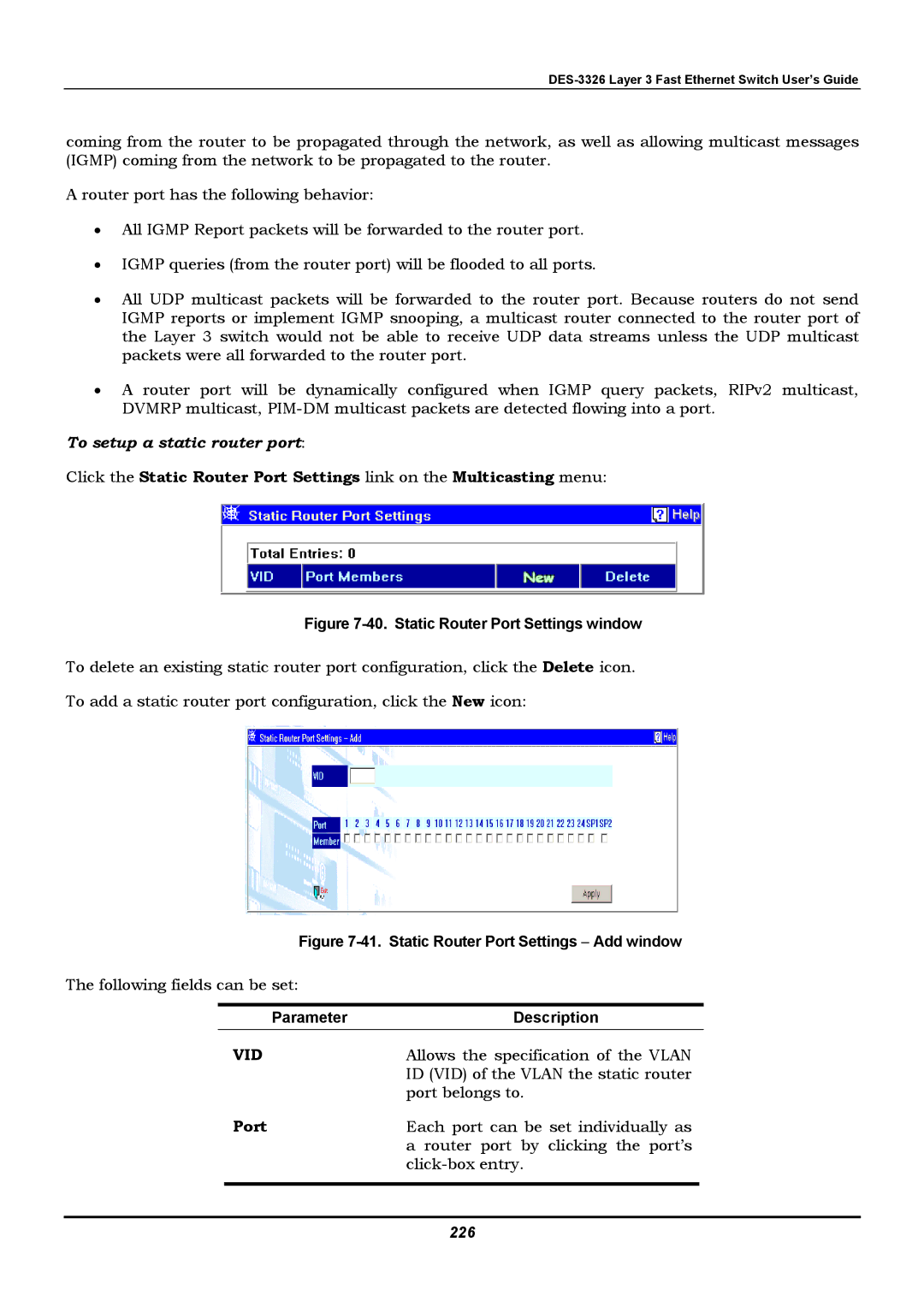 D-Link DES-3326 manual To setup a static router port, 226 