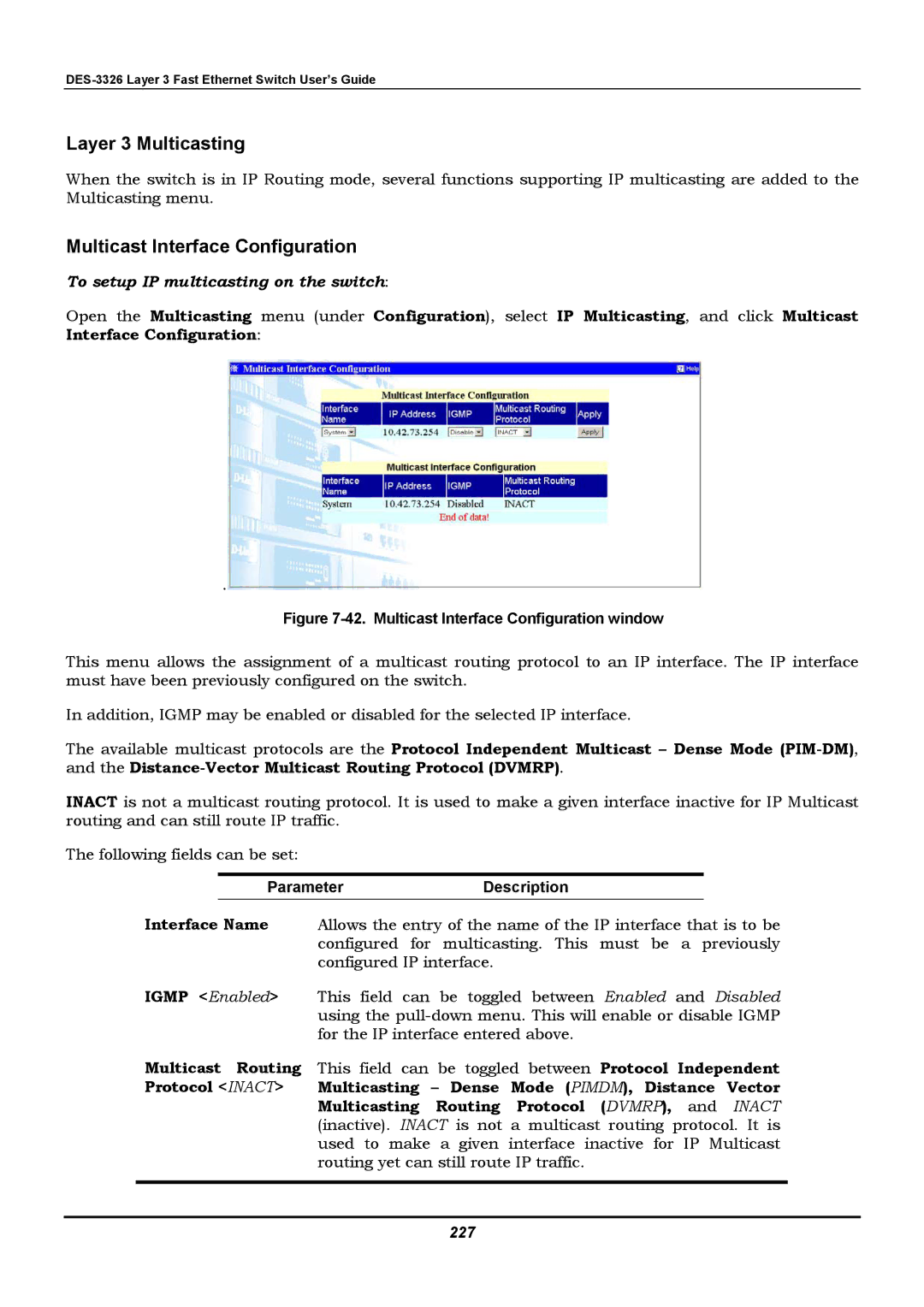 D-Link DES-3326 manual Multicast Interface Configuration window, 227 