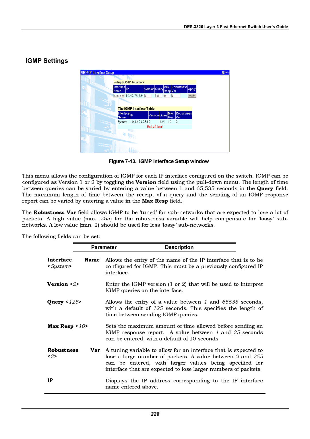 D-Link DES-3326 manual Igmp Settings, Version, Max Resp, 228 