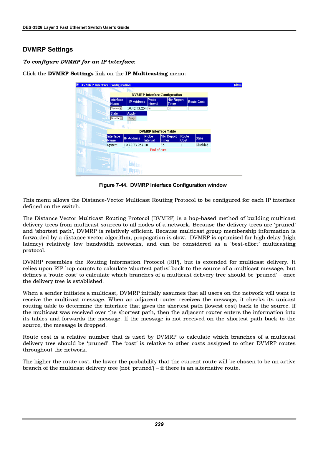 D-Link DES-3326 manual Dvmrp Settings, To configure Dvmrp for an IP interface, 229 