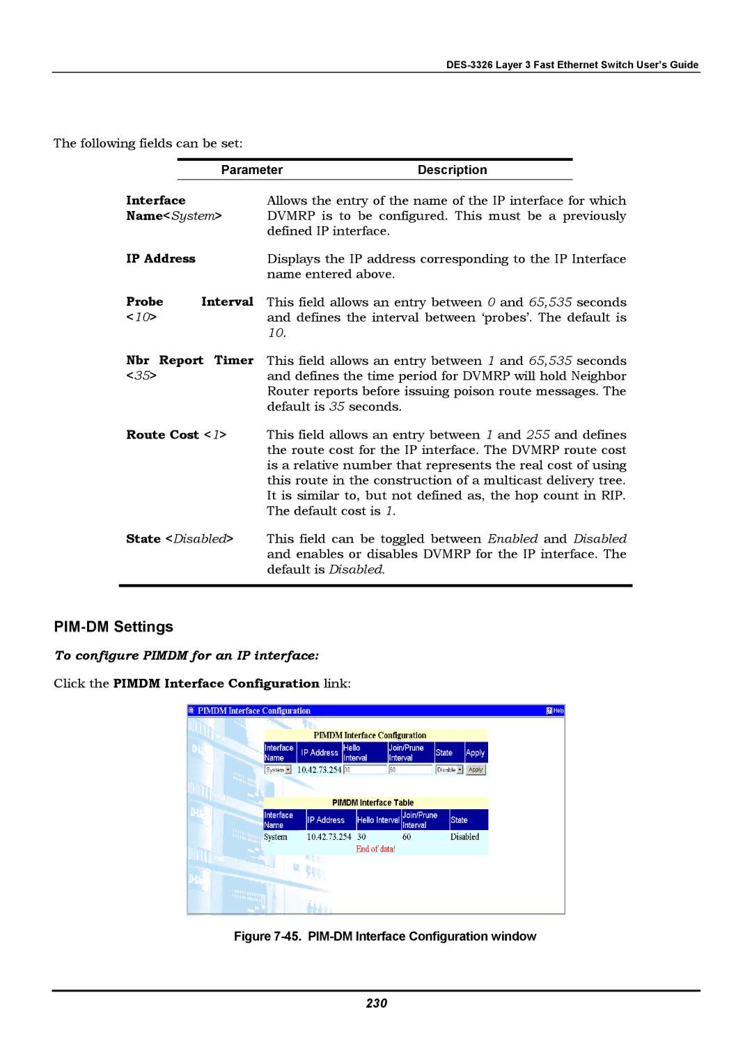 D-Link DES-3326 manual PIM-DM Settings, Nbr Report Timer, Route Cost, Click the Pimdm Interface Configuration link, 230 