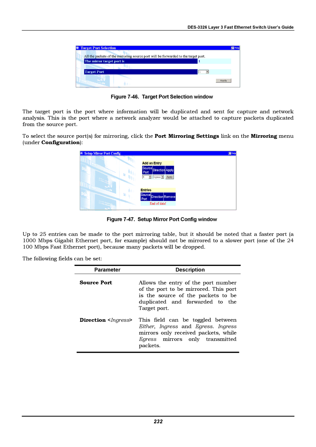 D-Link DES-3326 manual Source Port, Direction Ingress, 232 
