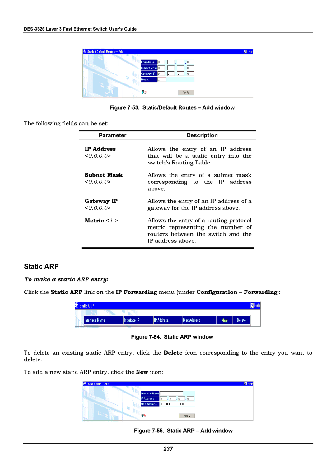 D-Link DES-3326 manual Gateway IP, To make a static ARP entry, 237 