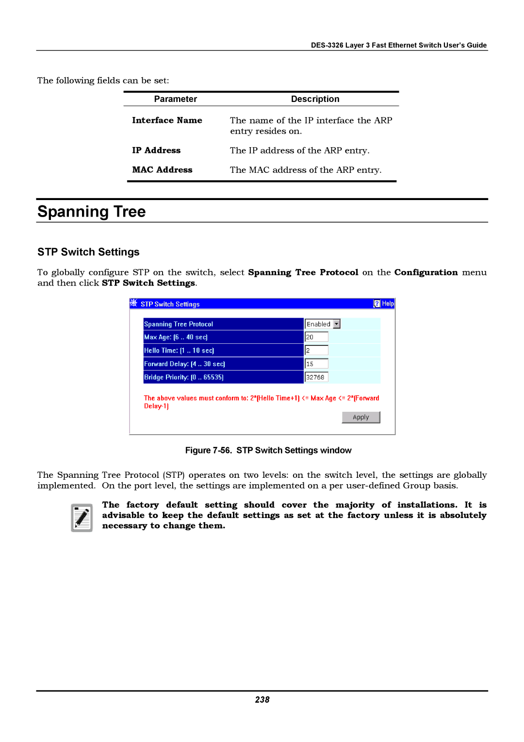 D-Link DES-3326 manual STP Switch Settings, 238 