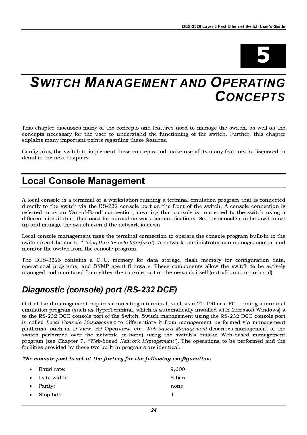 D-Link DES-3326 manual Local Console Management, Diagnostic console port RS-232 DCE 