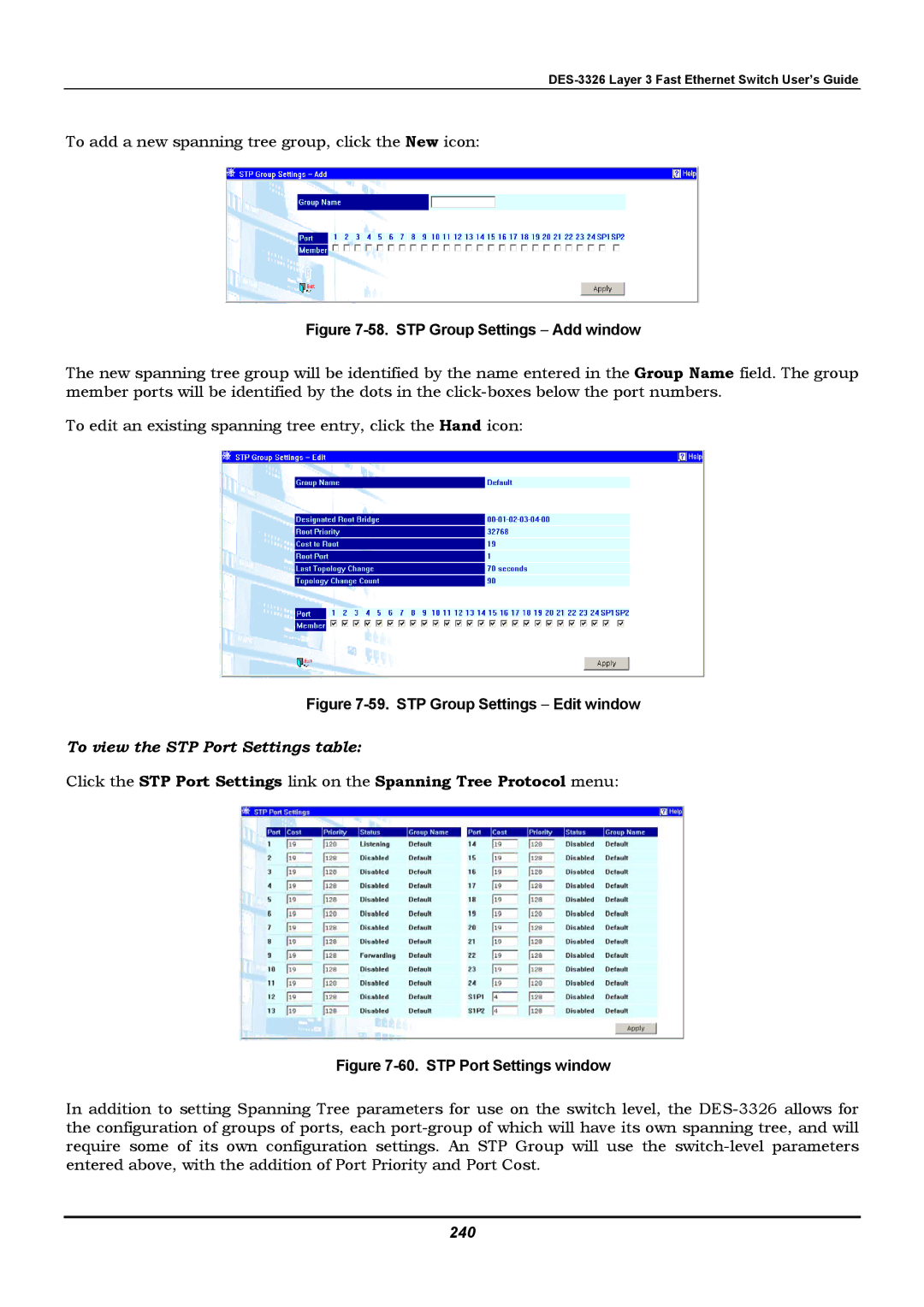 D-Link DES-3326 manual To view the STP Port Settings table, 240 