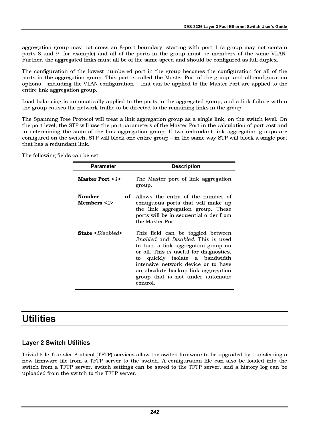 D-Link DES-3326 manual Master Port, Members, State Disabled, 242 