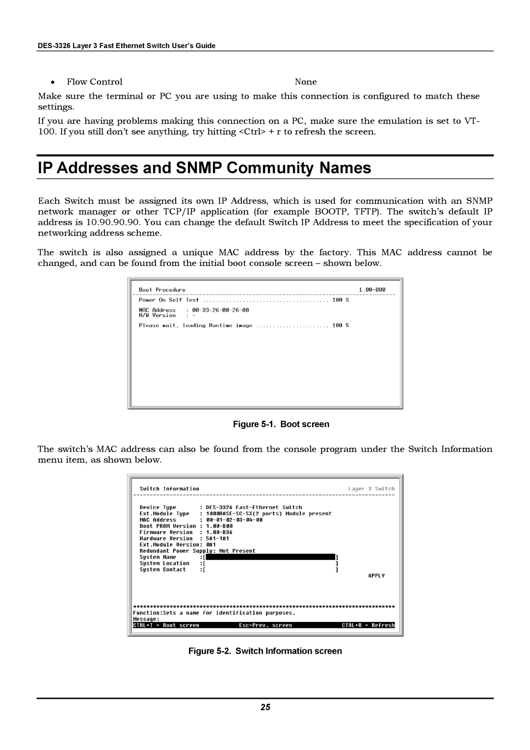 D-Link DES-3326 manual IP Addresses and Snmp Community Names, Boot screen 