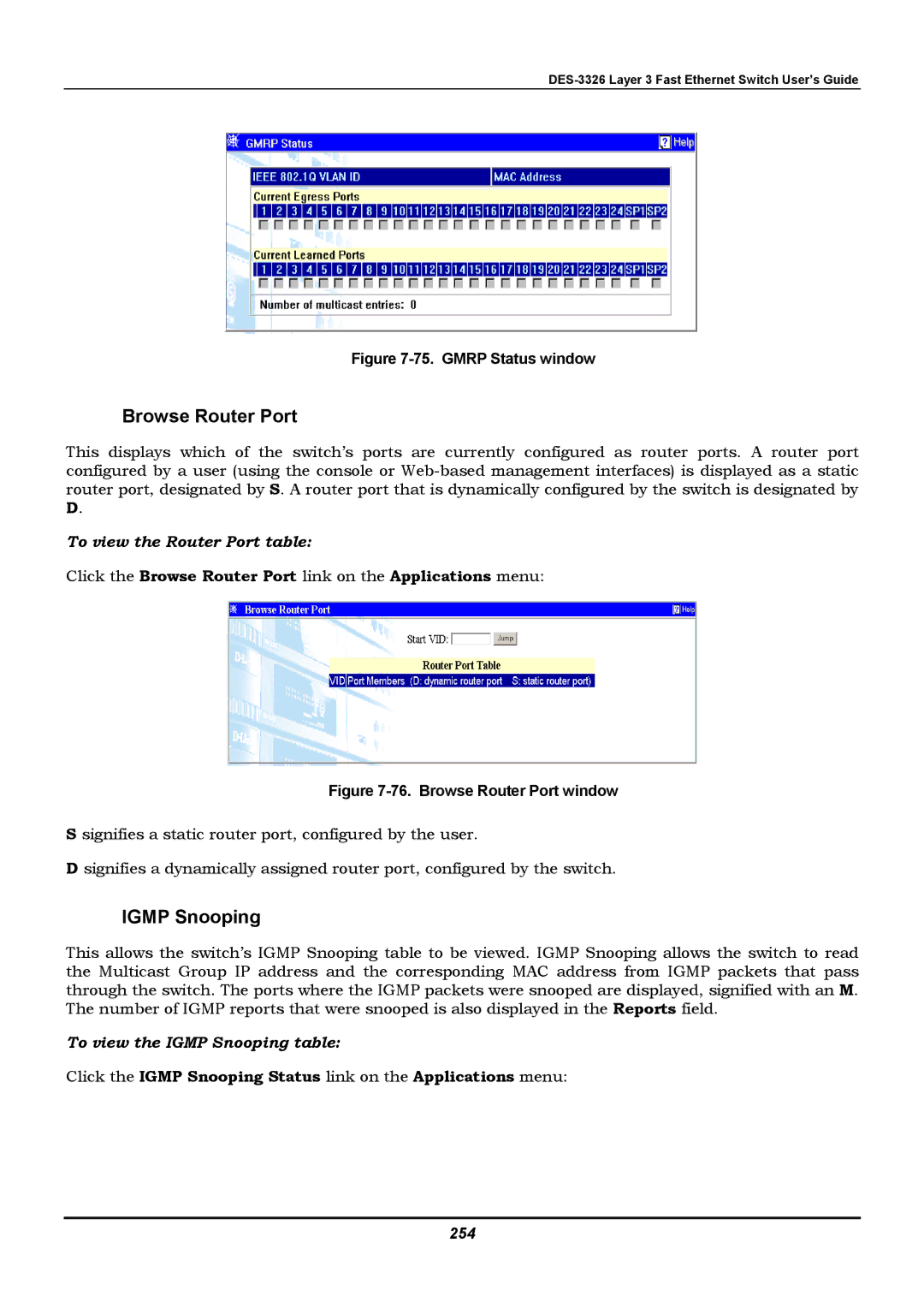 D-Link DES-3326 manual Click the Browse Router Port link on the Applications menu, 254 