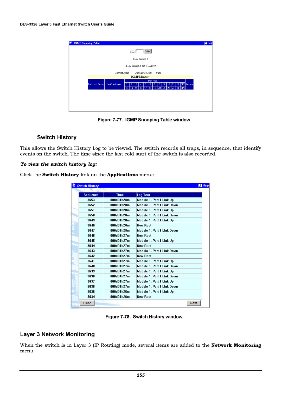 D-Link DES-3326 manual Click the Switch History link on the Applications menu, 255 