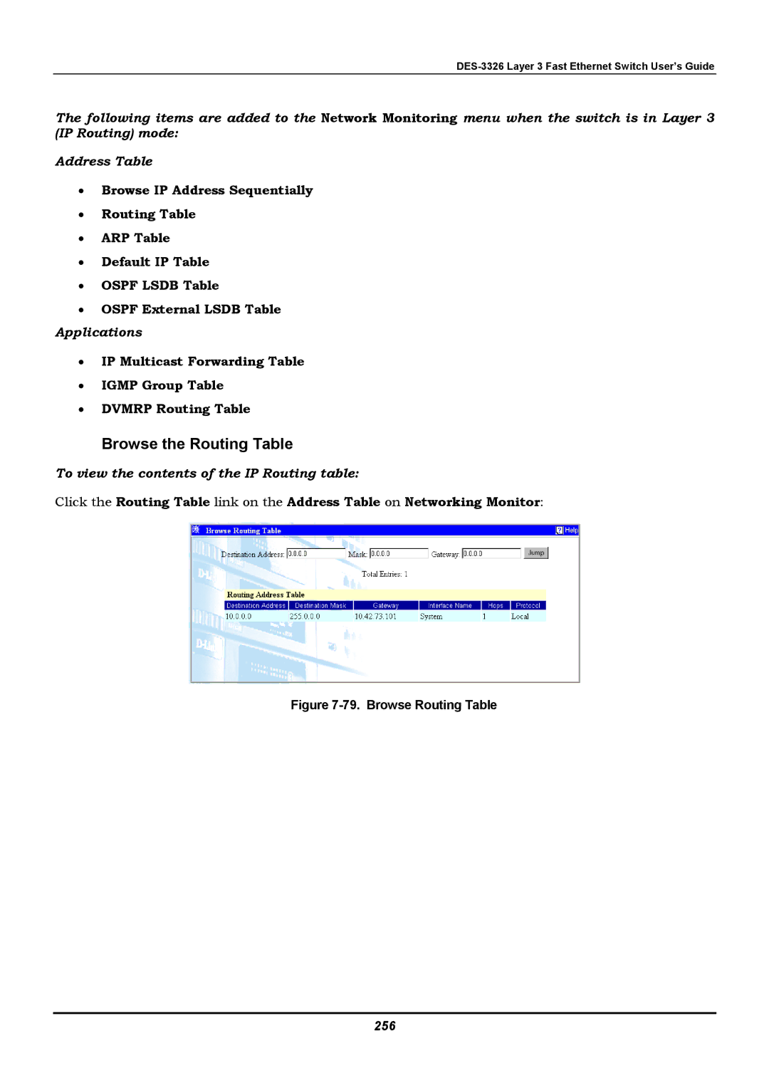 D-Link DES-3326 manual Browse the Routing Table, 256 