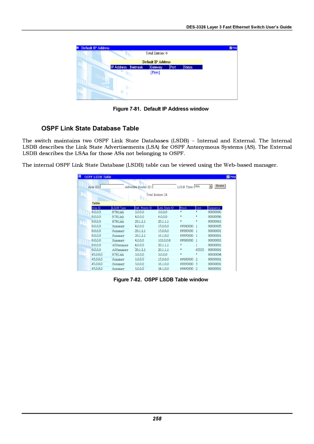 D-Link DES-3326 manual Ospf Link State Database Table, 258 