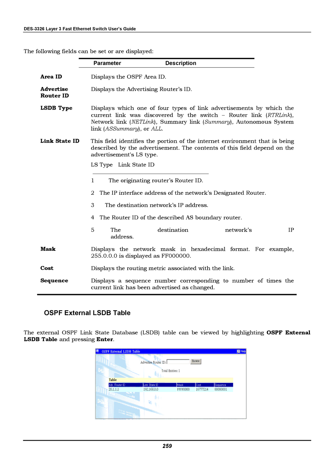 D-Link DES-3326 manual Router ID Lsdb Type, Link State ID, 259 