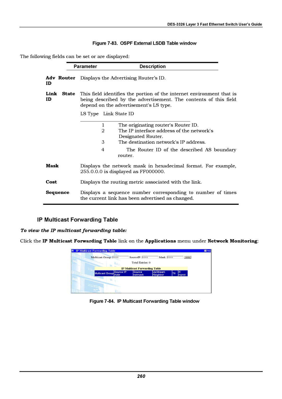 D-Link DES-3326 manual Ospf External Lsdb Table window, 260 