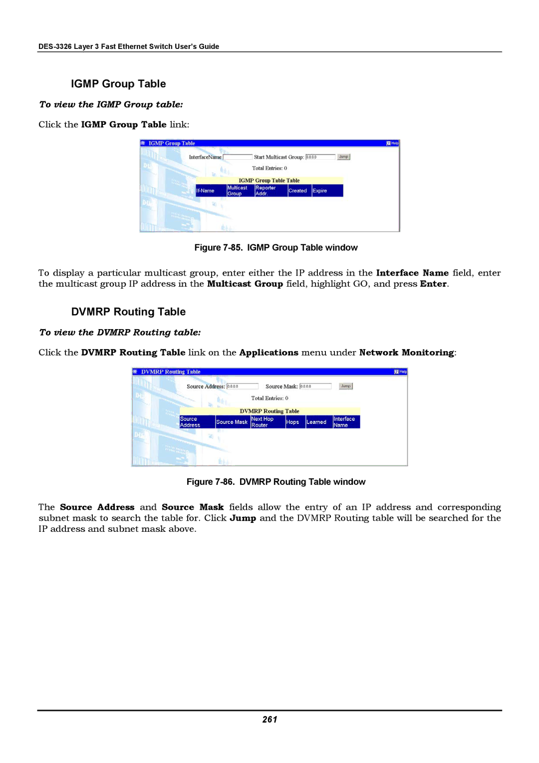 D-Link DES-3326 manual Click the Igmp Group Table link, 261 